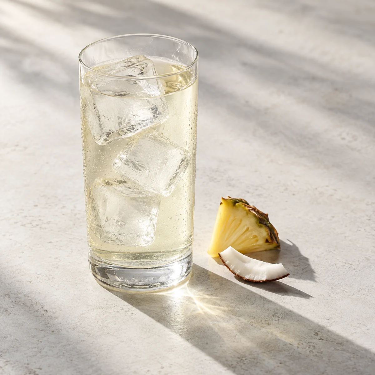 Concept serving suggestion: a clear glass of pale golden drink over ice, beside a small pineapple wedge and coconut piece